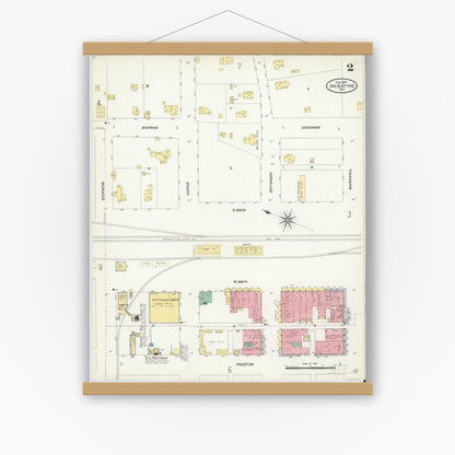 Old map wall art mockup — magnetic wood frame on white wall — Sanborn Fire Insurance Map from Van Alstyne, Grayson County, Texas (1907), Sheet #0002