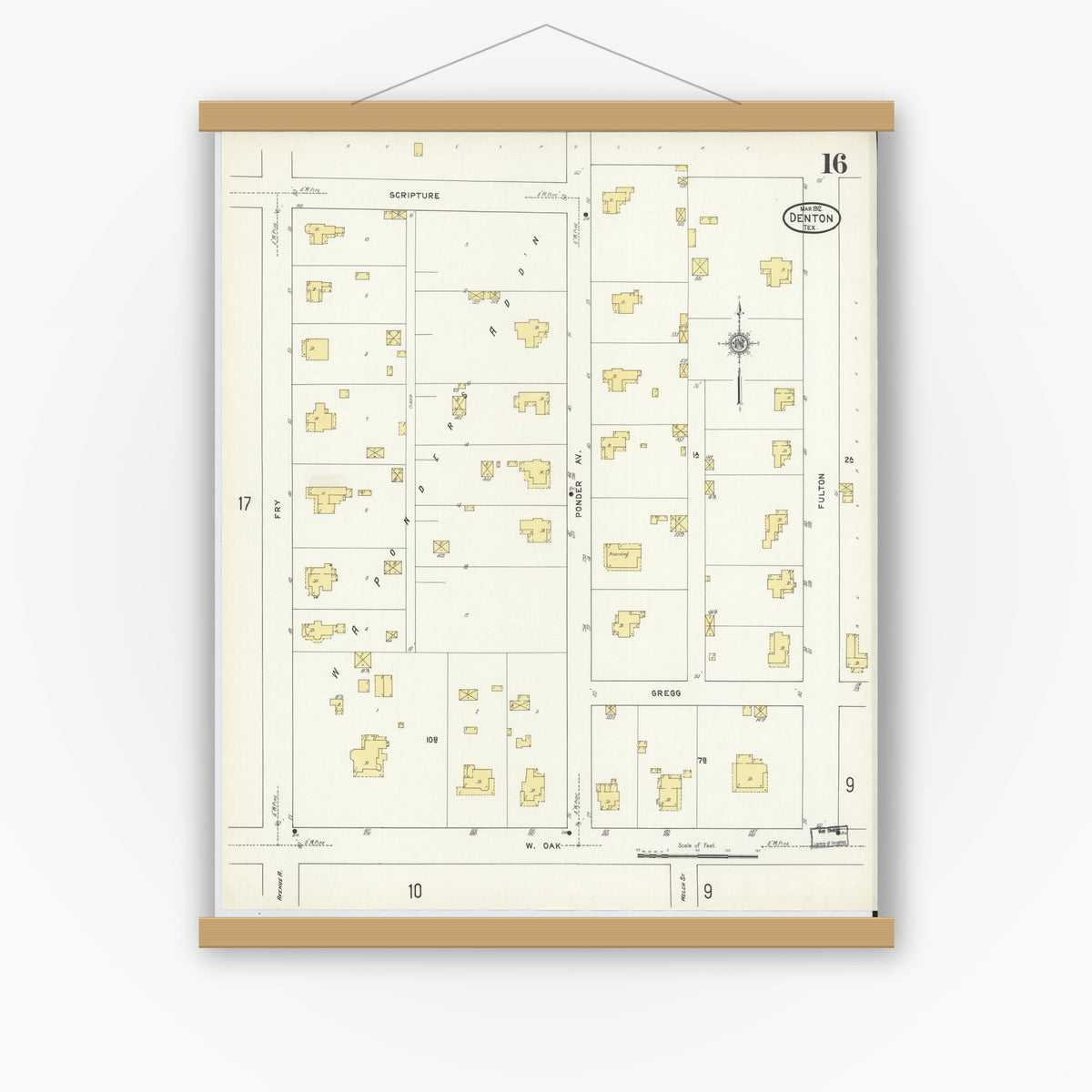 Old map wall art mockup — magnetic wood frame on white wall — Sanborn Fire Insurance Map from Denton, Denton County, Texas (1912), Sheet #0016