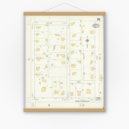 Old map wall art mockup — magnetic wood frame on white wall — Sanborn Fire Insurance Map from Denton, Denton County, Texas (1912), Sheet #0016