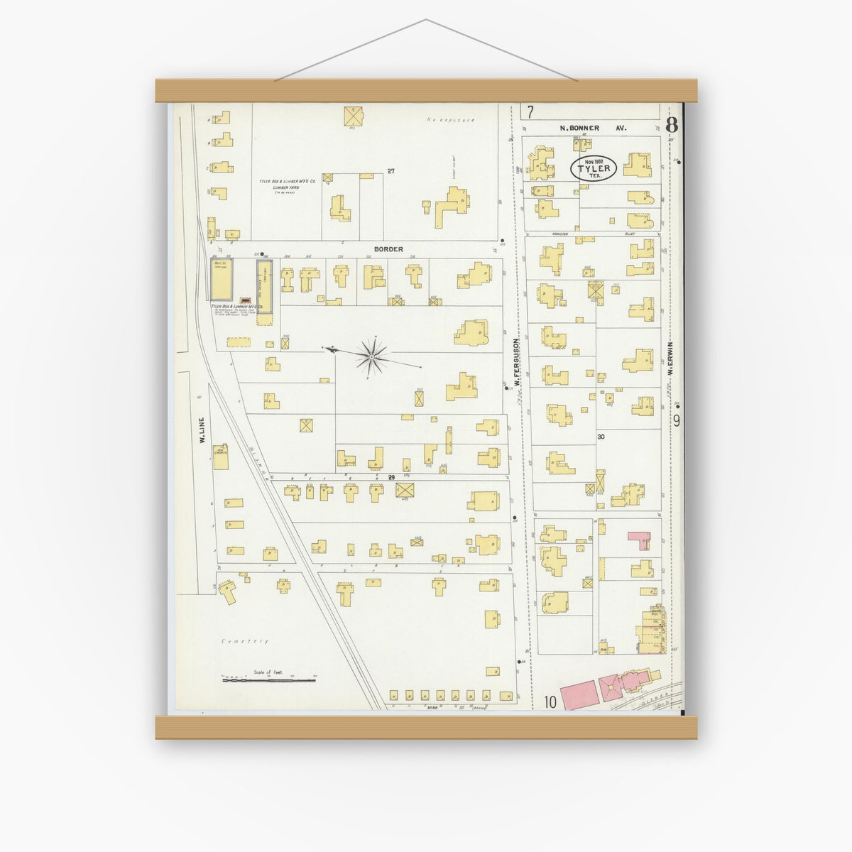 Old map wall art mockup — magnetic wood frame on white wall — Sanborn Fire Insurance Map from Tyler, Smith County, Texas (1902), Sheet #0008
