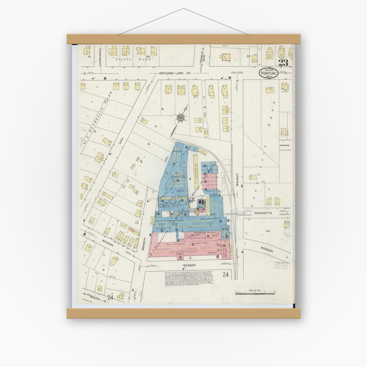 Old map wall art mockup — magnetic wood frame on white wall — Sanborn Fire Insurance Map from Pontiac, Oakland County, Michigan (1915), Sheet #0023