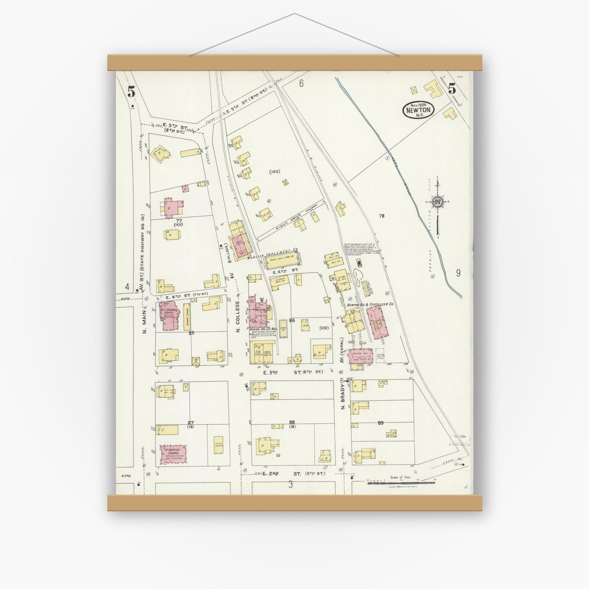 Old map wall art mockup — magnetic wood frame on white wall — Sanborn Fire Insurance Map from Newton, Catawba County, North Carolina (1924), Sheet #0005