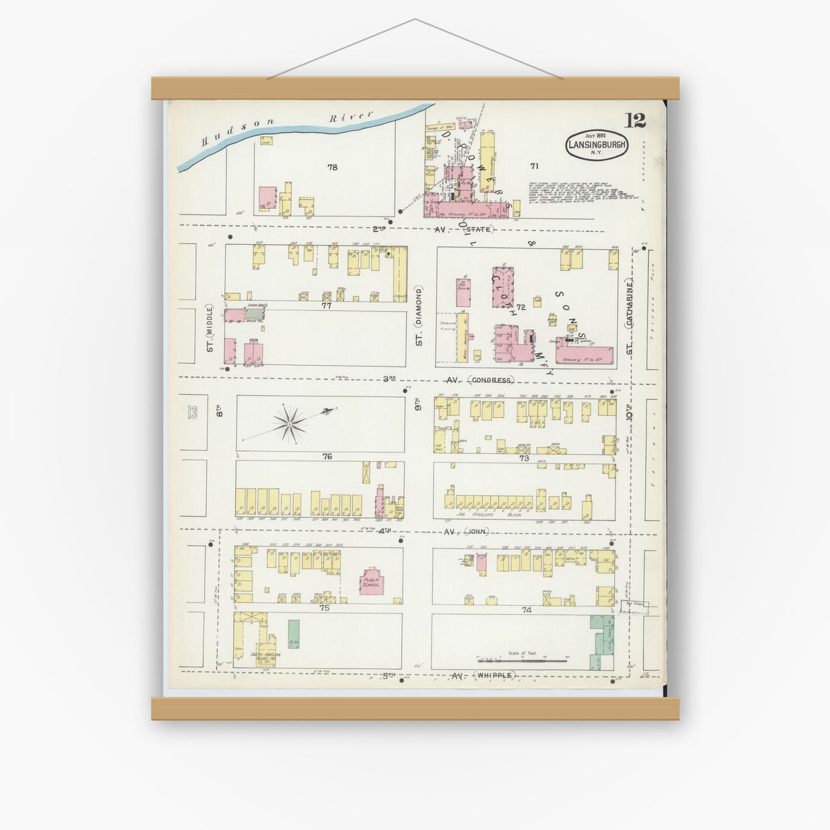 Old map wall art mockup — magnetic wood frame on white wall — Sanborn Fire Insurance Map from Lansingburg, Rensselaer County, New York (1892), Sheet #0012