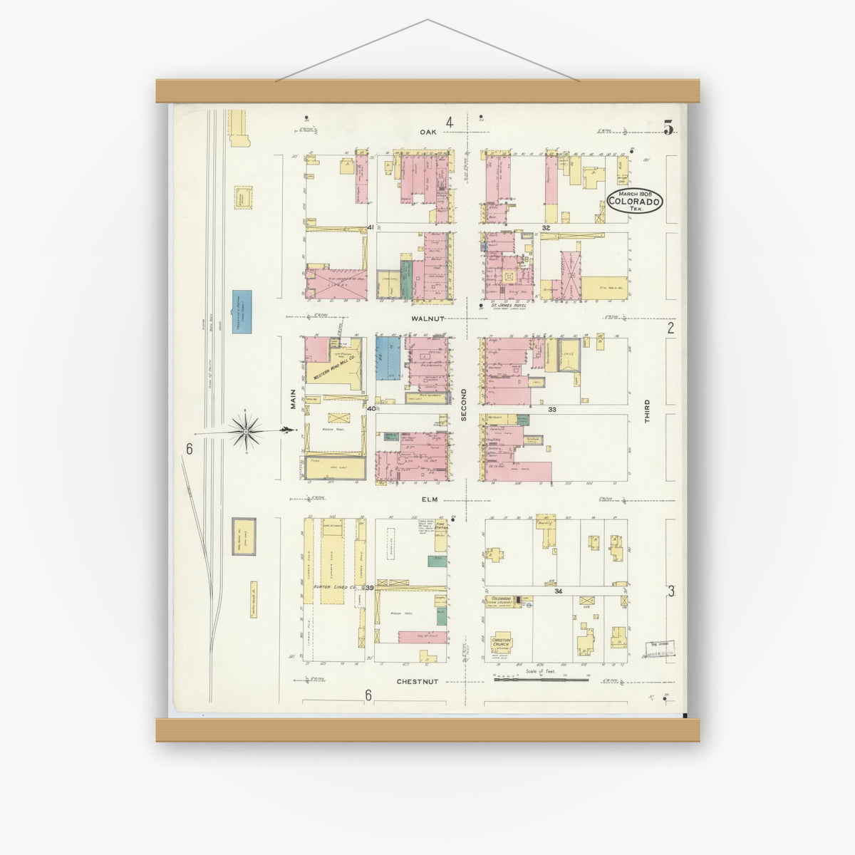 Old map wall art mockup — magnetic wood frame on white wall — Sanborn Fire Insurance Map from Colorado, Mitchell County, Texas (1908), Sheet #0005