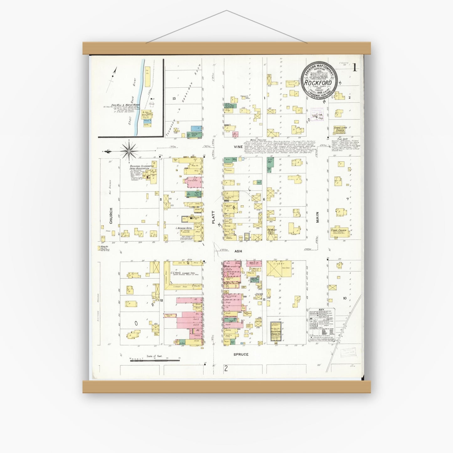Old map wall art mockup — magnetic wood frame on white wall — Sanborn Fire Insurance Map from Rockford, Floyd County, Iowa (1909) â€” Complete Set