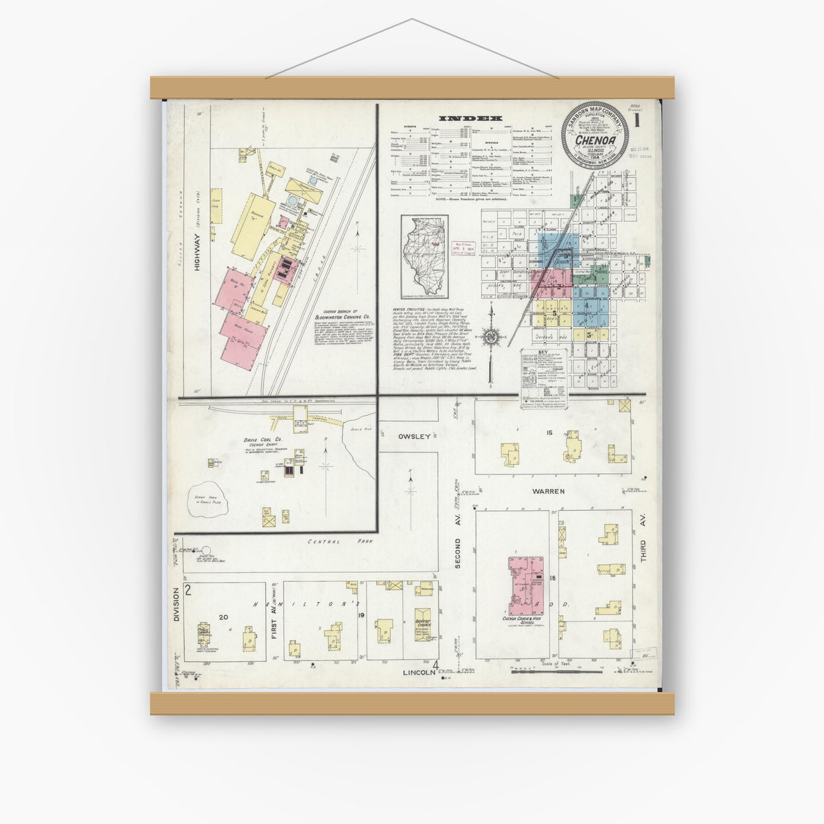 Old map wall art mockup — magnetic wood frame on white wall — Sanborn Fire Insurance Map from Chenoa, McLean County, Illinois (1914) - Complete Map Set