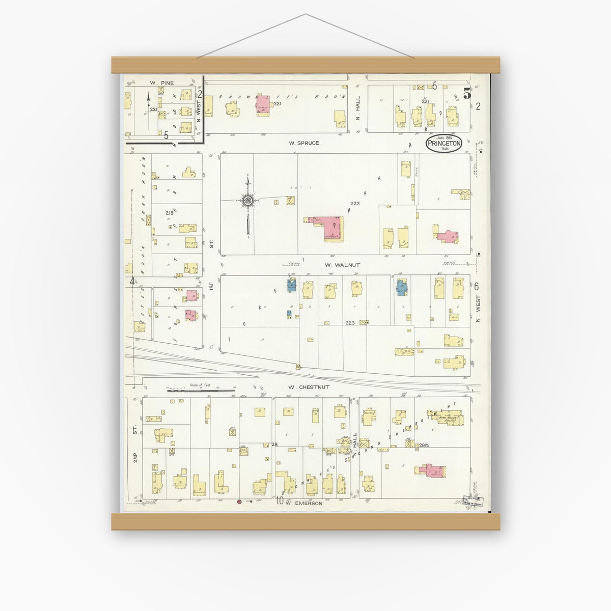 Old map wall art mockup — magnetic wood frame on white wall — Sanborn Fire Insurance Map from Princeton, Gibson County, Indiana (1914), Sheet #0005