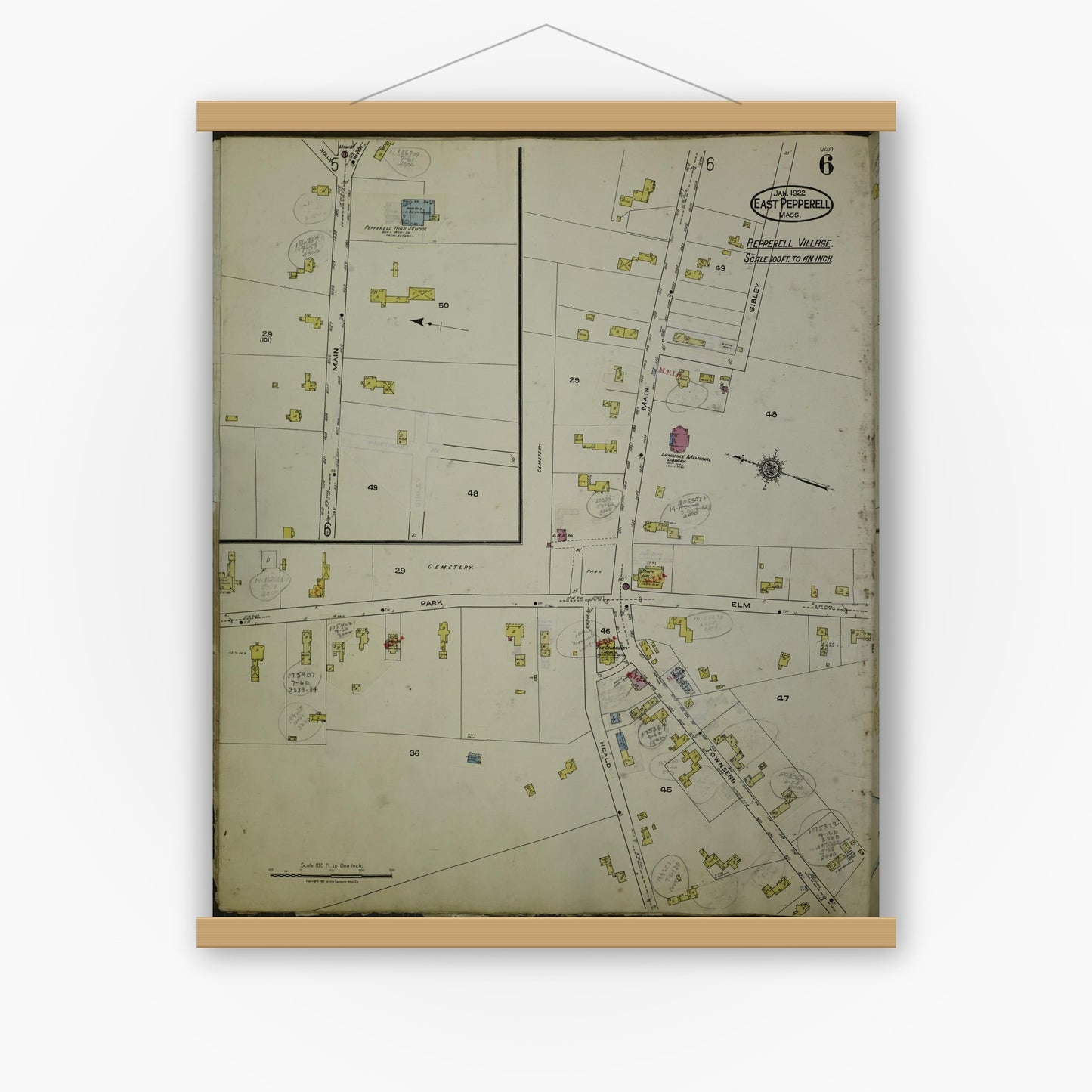 Old map wall art mockup — magnetic wood frame on white wall — Sanborn Fire Insurance Map from East Pepperell, Middlesex County, Massachusetts (1953), Sheet #0006
