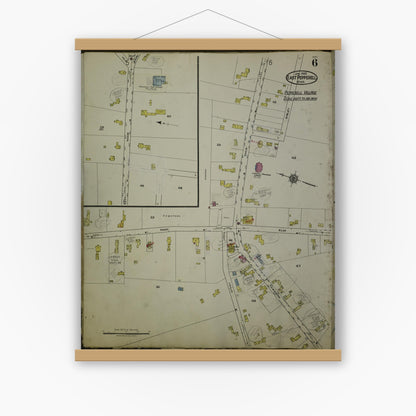 Old map wall art mockup — magnetic wood frame on white wall — Sanborn Fire Insurance Map from East Pepperell, Middlesex County, Massachusetts (1953), Sheet #0006