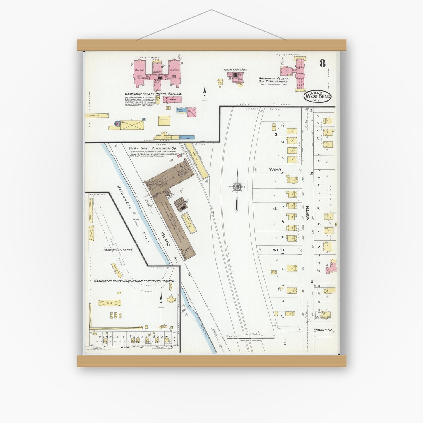 Old map wall art mockup — magnetic wood frame on white wall — Sanborn Fire Insurance Map from West Bend, Washington County, Wisconsin (1919), Sheet #0008