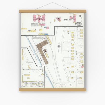 Old map wall art mockup — magnetic wood frame on white wall — Sanborn Fire Insurance Map from West Bend, Washington County, Wisconsin (1919), Sheet #0008
