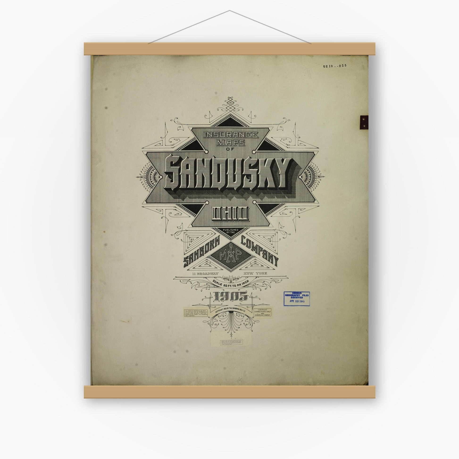 Old map wall art mockup — magnetic wood frame on white wall — Sanborn Fire Insurance Map from Sandusky, Erie County, Ohio (1950), Sheet #0001