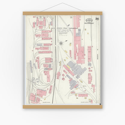 Old map wall art mockup — magnetic wood frame on white wall — Sanborn Fire Insurance Map from Braddock, Allegheny County, Pennsylvania (1908), Sheet #0036