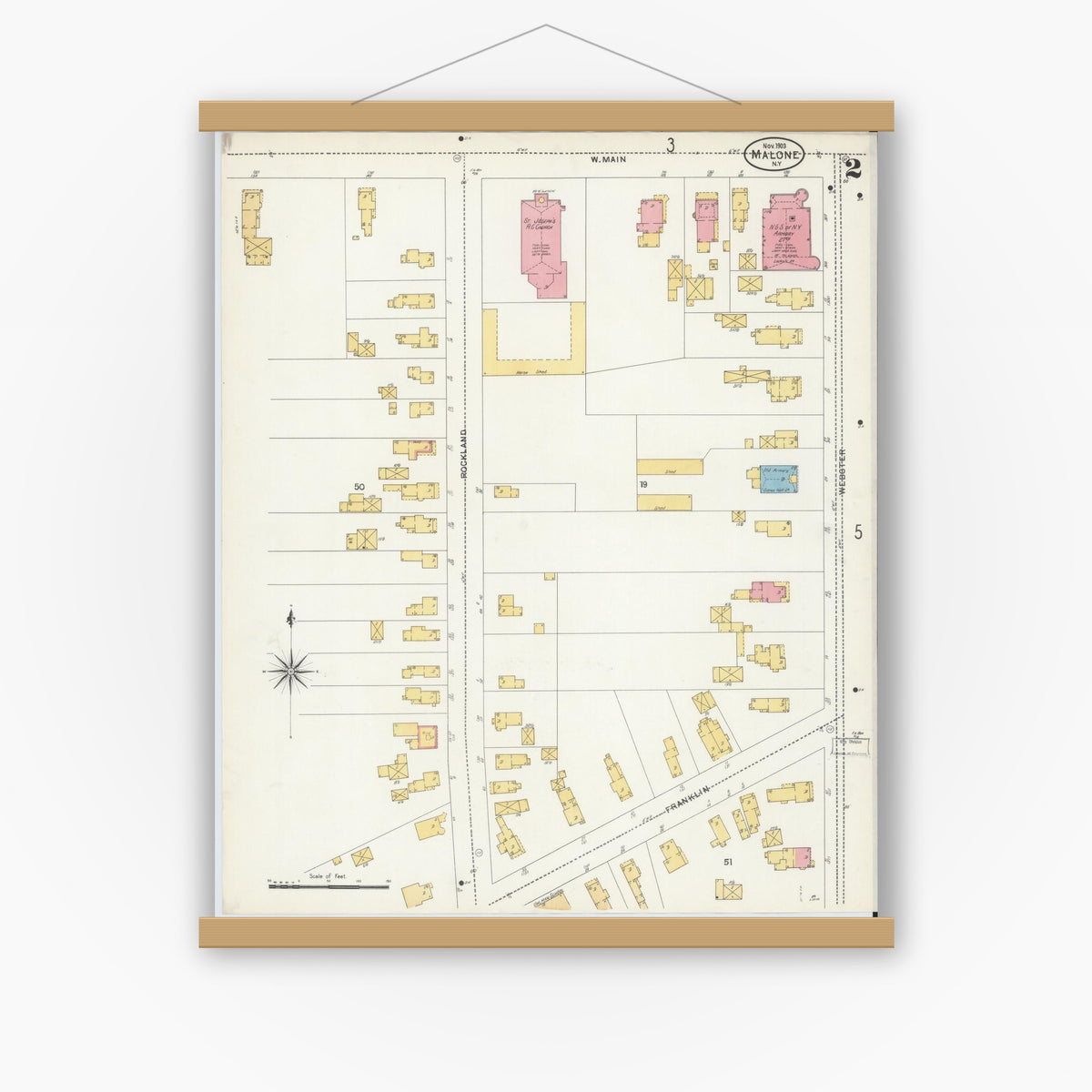 Old map wall art mockup — magnetic wood frame on white wall — Sanborn Fire Insurance Map from Malone, Franklin County, New York (1903), Sheet #0002