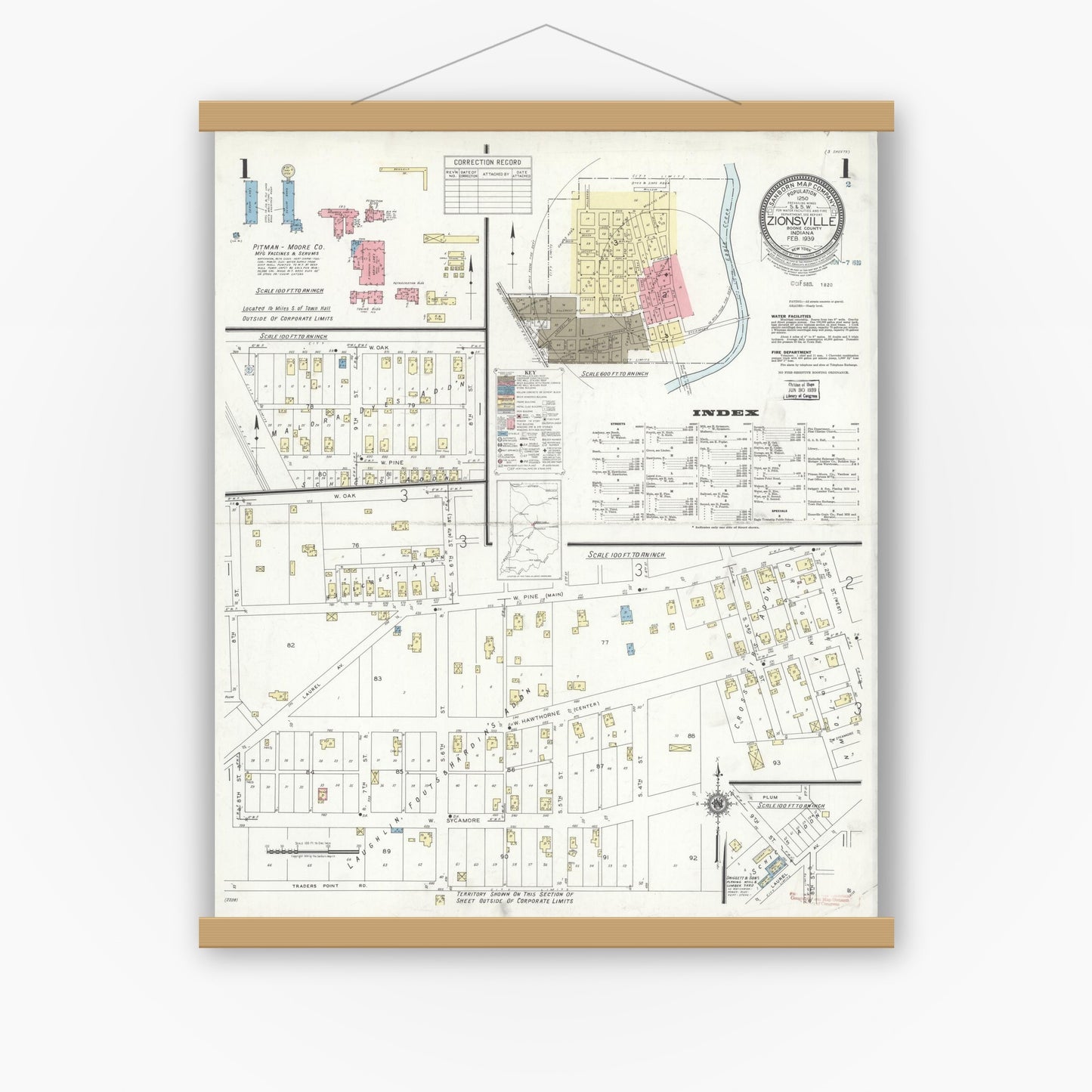 Old map wall art mockup — magnetic wood frame on white wall — Sanborn Fire Insurance Map from Zionsville, Boone County, Indiana (1939) - Complete Map Set