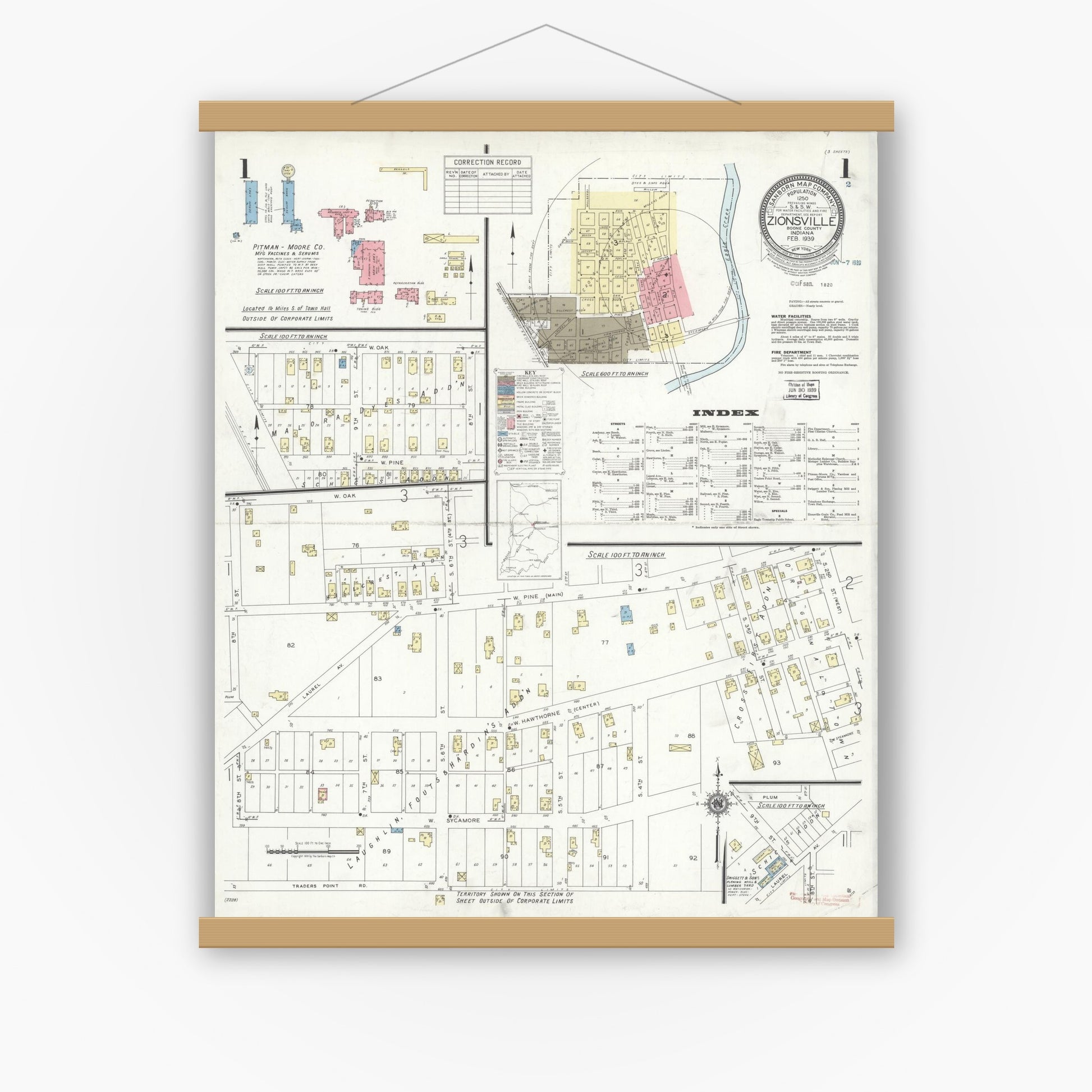 Old map wall art mockup — magnetic wood frame on white wall — Sanborn Fire Insurance Map from Zionsville, Boone County, Indiana (1939) - Complete Map Set