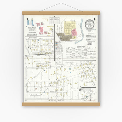 Old map wall art mockup — magnetic wood frame on white wall — Sanborn Fire Insurance Map from Zionsville, Boone County, Indiana (1939) - Complete Map Set