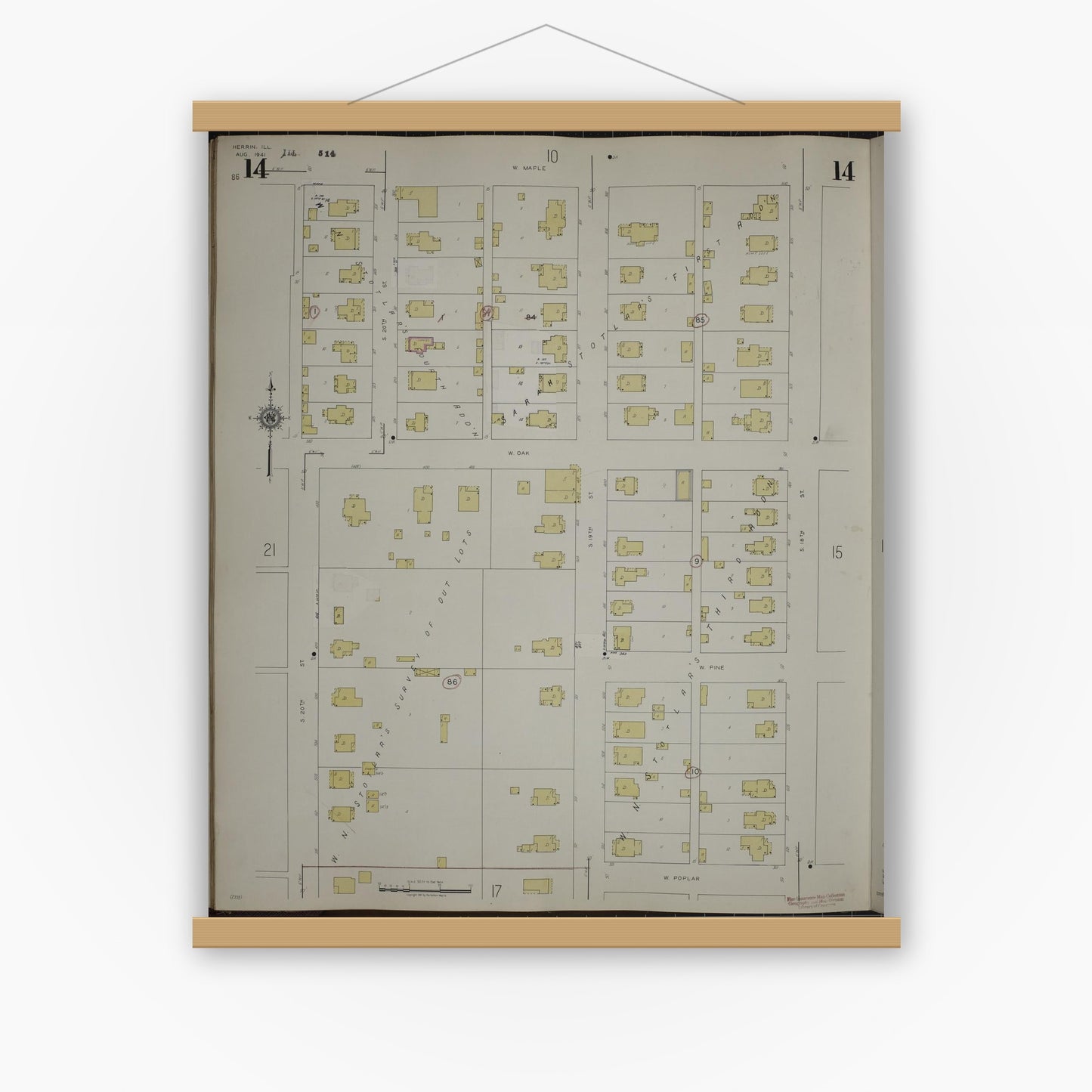 Old map wall art mockup — magnetic wood frame on white wall — Sanborn Fire Insurance Map from Herrin, Williamson County, Illinois (1947), Sheet #0014