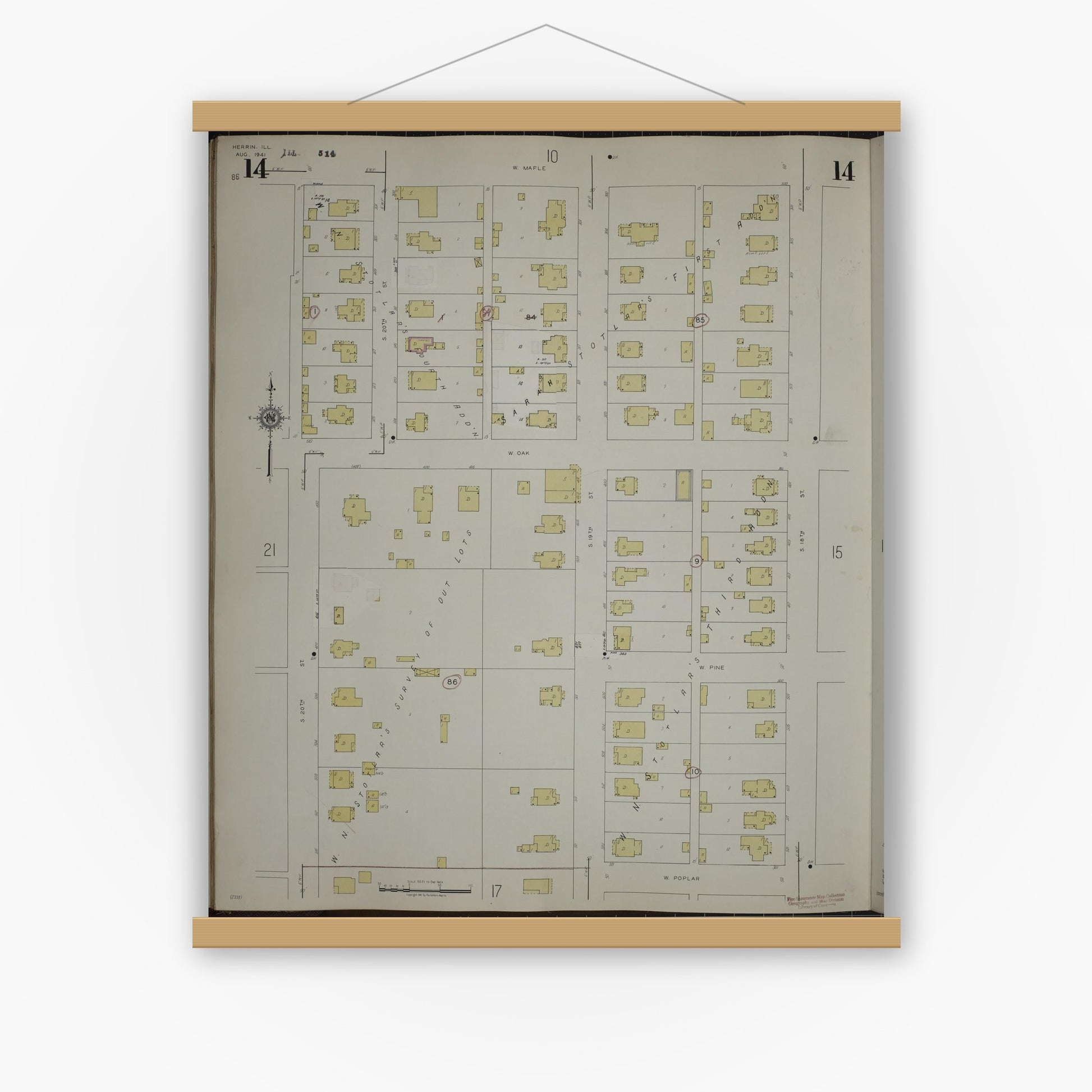 Old map wall art mockup — magnetic wood frame on white wall — Sanborn Fire Insurance Map from Herrin, Williamson County, Illinois (1947), Sheet #0014
