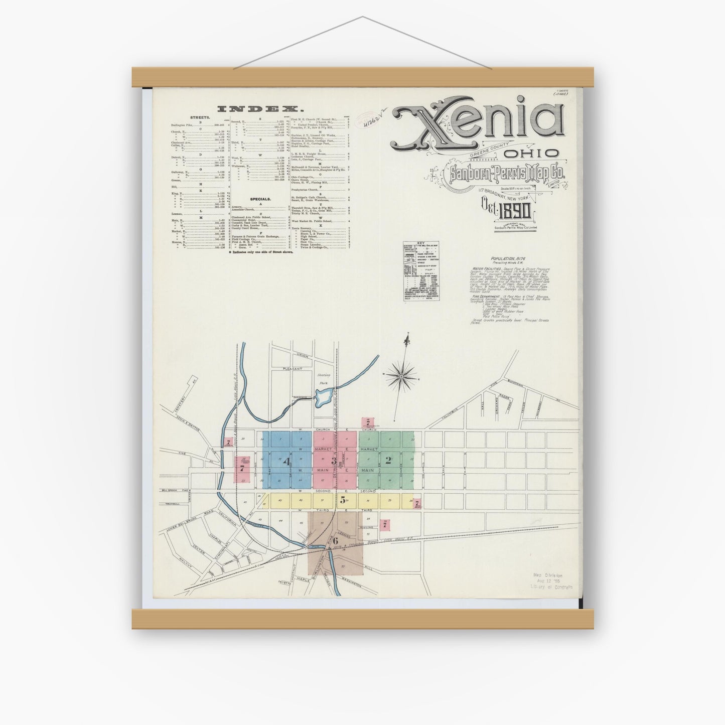 Old map wall art mockup — magnetic wood frame on white wall — Sanborn Fire Insurance Map from Xenia, Greene County, Ohio (1890) - Complete Map Set