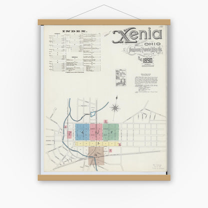 Old map wall art mockup — magnetic wood frame on white wall — Sanborn Fire Insurance Map from Xenia, Greene County, Ohio (1890) - Complete Map Set
