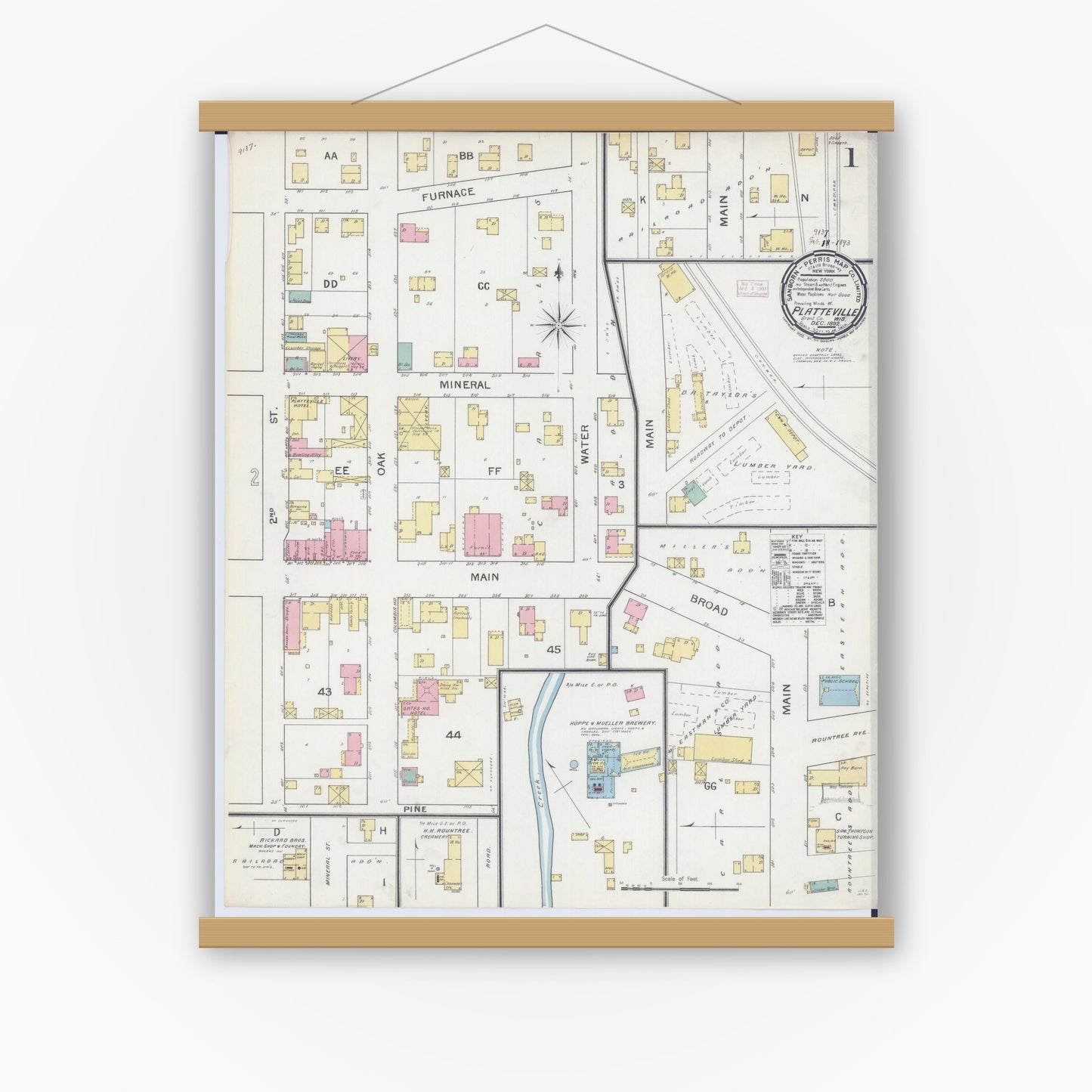 Old map wall art mockup — magnetic wood frame on white wall — Sanborn Fire Insurance Map from Platteville, Grant County, Wisconsin (1892), Sheet #0001