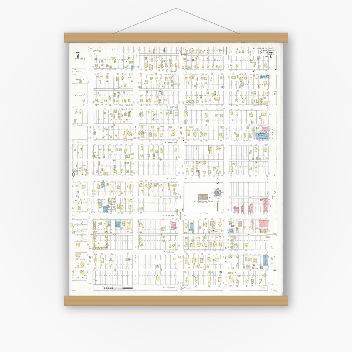 Old map wall art mockup — magnetic wood frame on white wall — Sanborn Fire Insurance Map from Raymondville, Willacy County, Texas (1948), Sheet #0007