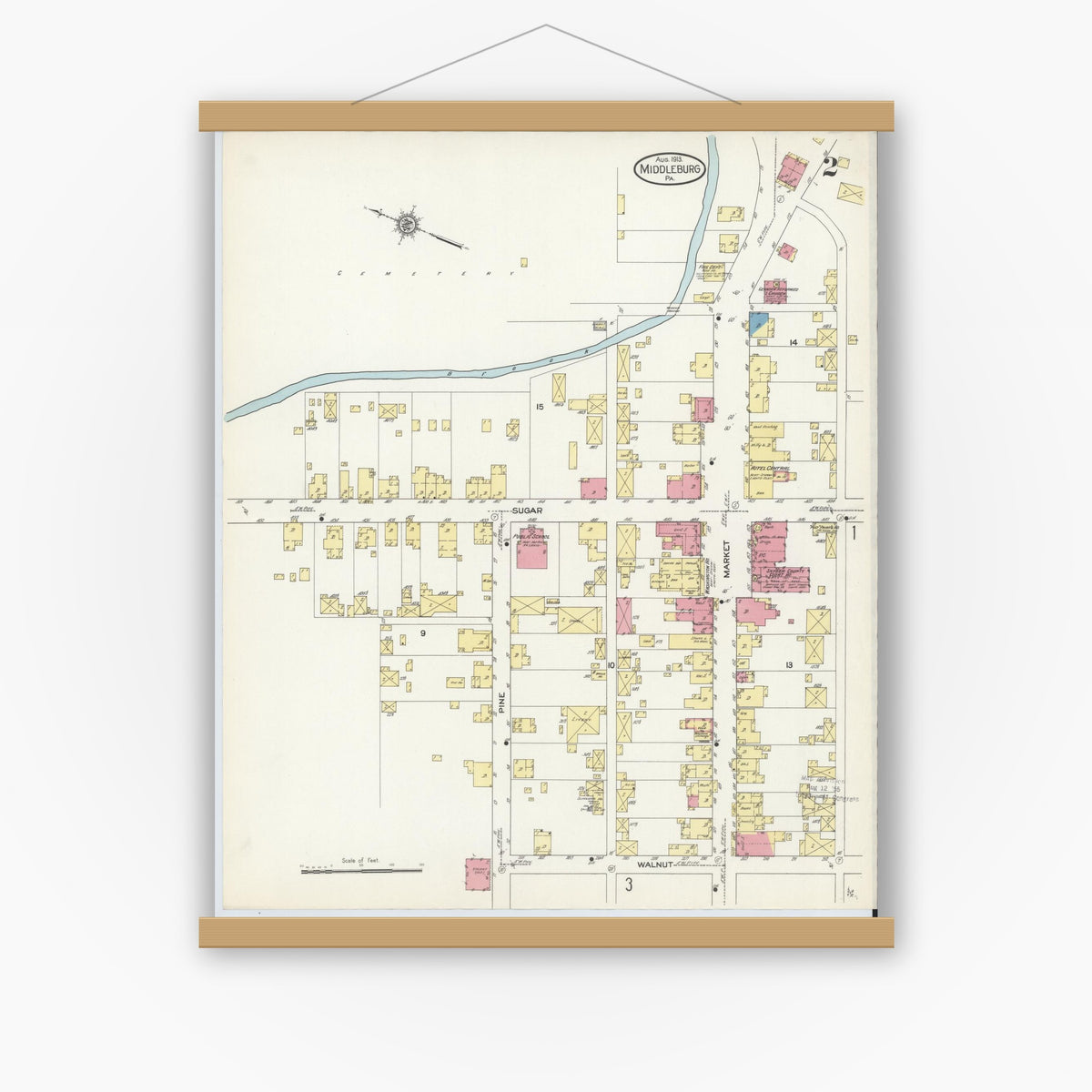 Old map wall art mockup — magnetic wood frame on white wall — Sanborn Fire Insurance Map from Middleburg, Snyder County, Pennsylvania (1913), Sheet #0002