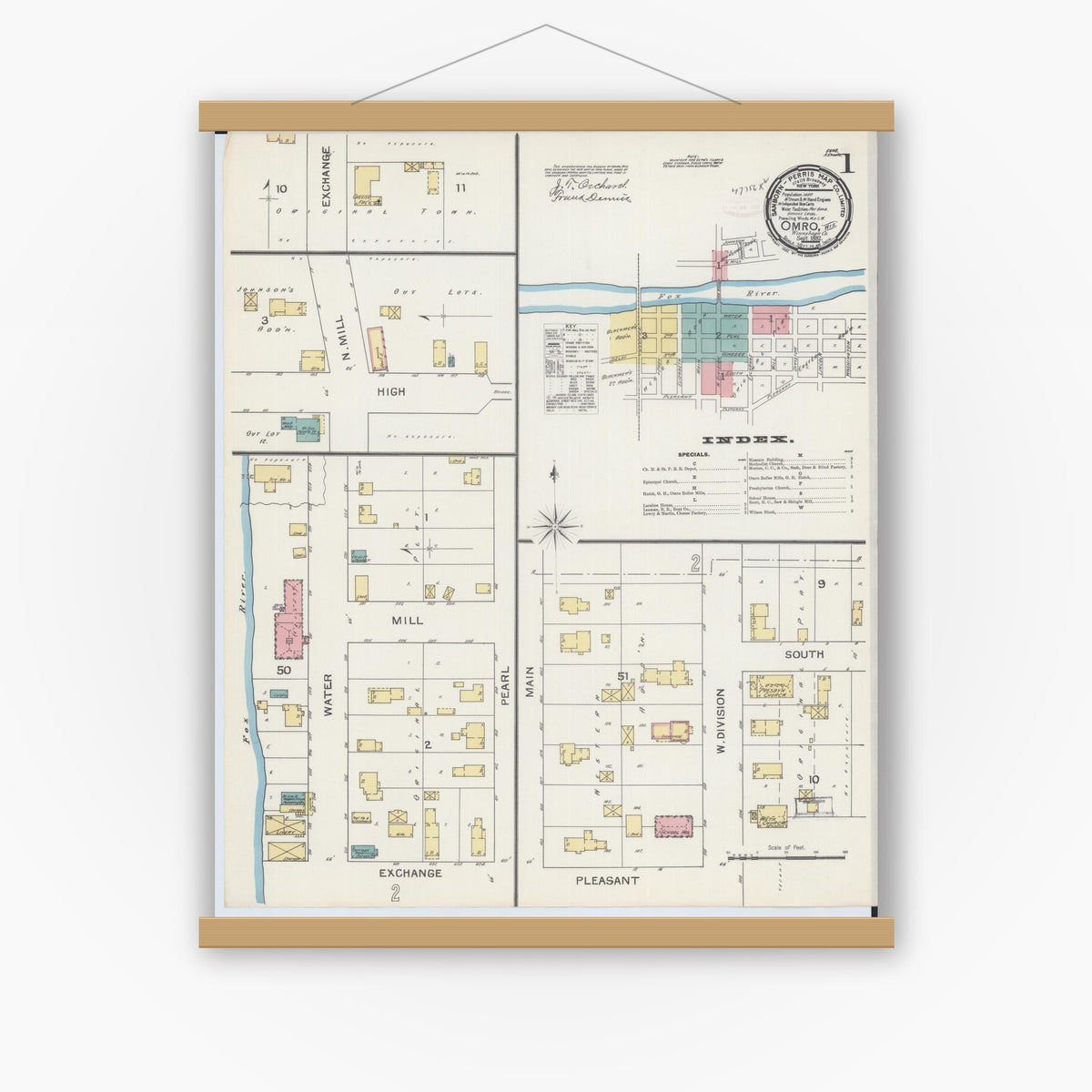 Old map wall art mockup — magnetic wood frame on white wall — Sanborn Fire Insurance Map from Omro, Winnebago County, Wisconsin (1892) - Complete Map Set