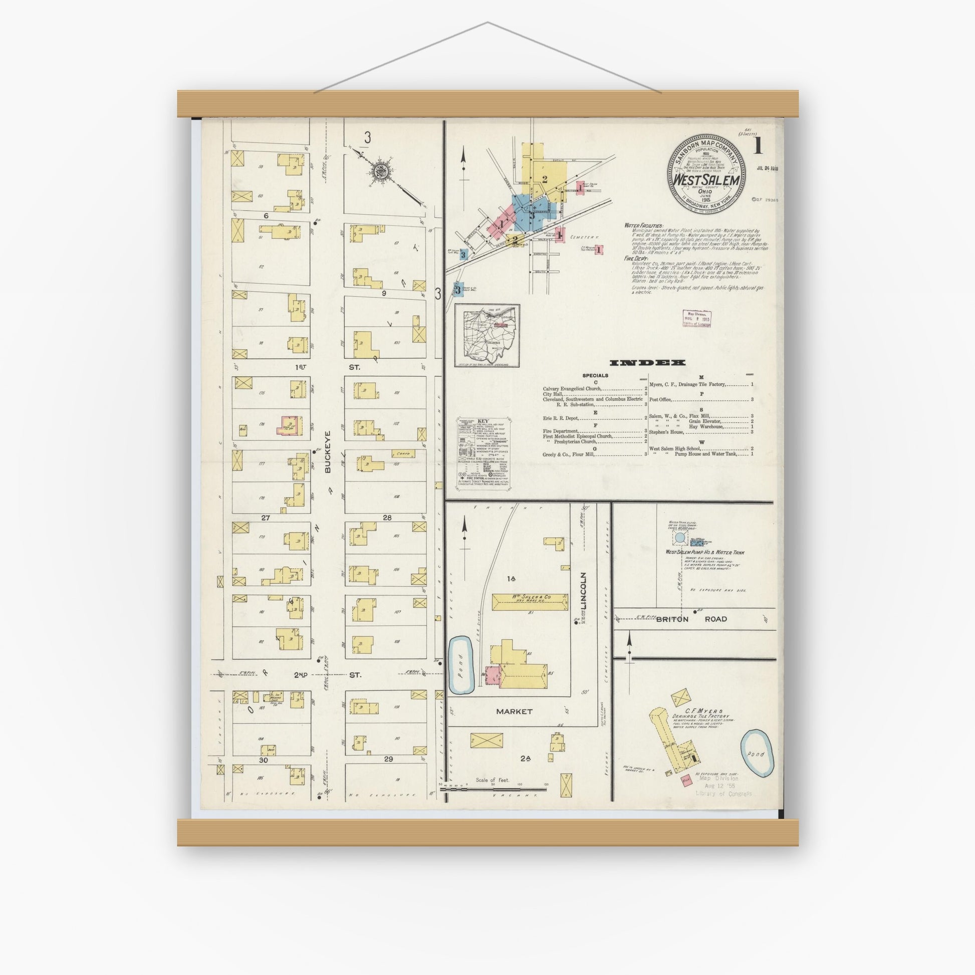 Old map wall art mockup — magnetic wood frame on white wall — Sanborn Fire Insurance Map from West Salem, Wayne County, Ohio (1915), Sheet #0001