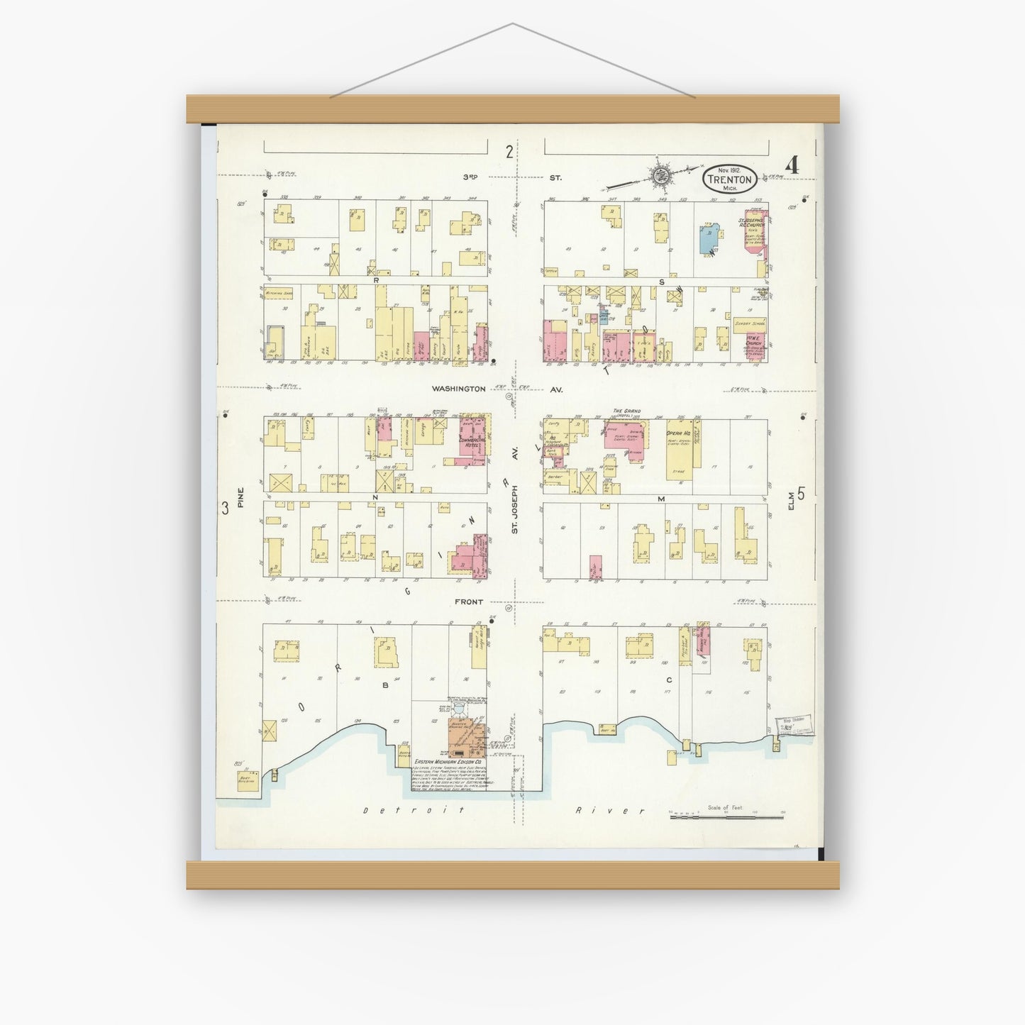 Old map wall art mockup — magnetic wood frame on white wall — Sanborn Fire Insurance Map from Trenton, Wayne County, Michigan (1912), Sheet #0004