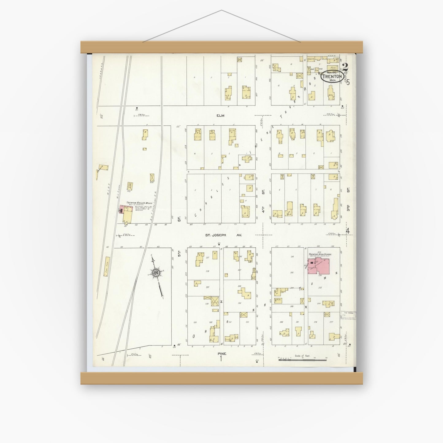 Old map wall art mockup — magnetic wood frame on white wall — Sanborn Fire Insurance Map from Trenton, Wayne County, Michigan (1912), Sheet #0002