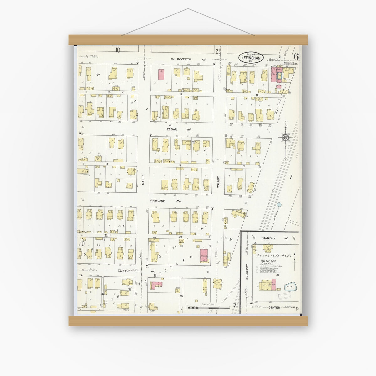 Old map wall art mockup — magnetic wood frame on white wall — Sanborn Fire Insurance Map from Effingham, Effingham County, Illinois (1911), Sheet #0006