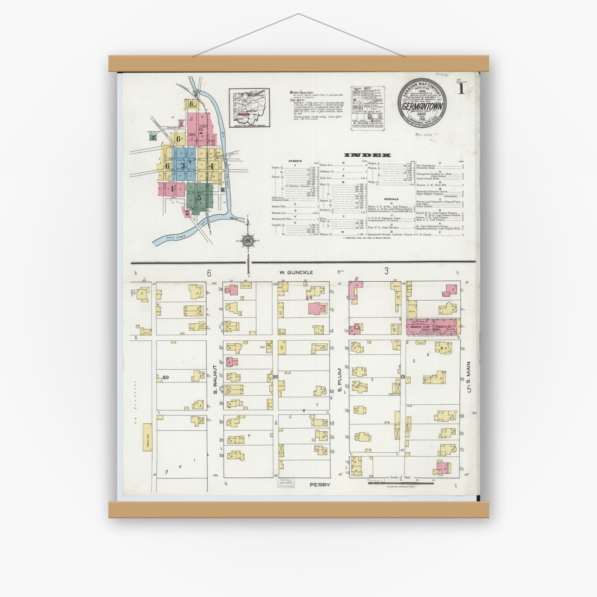 Old map wall art mockup — magnetic wood frame on white wall — Sanborn Fire Insurance Map from Germantown, Montgomery County, Ohio (1921) - Complete Map Set