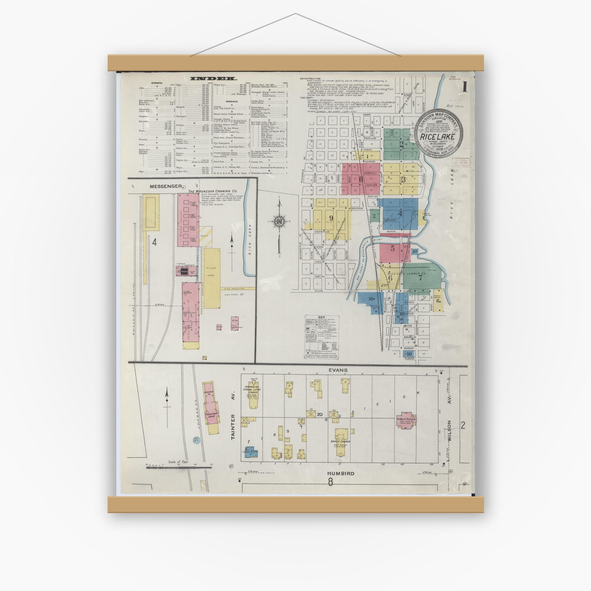 Old map wall art mockup — magnetic wood frame on white wall — Sanborn Fire Insurance Map from Rice Lake, Barron County, Wisconsin (1909), Sheet #0001