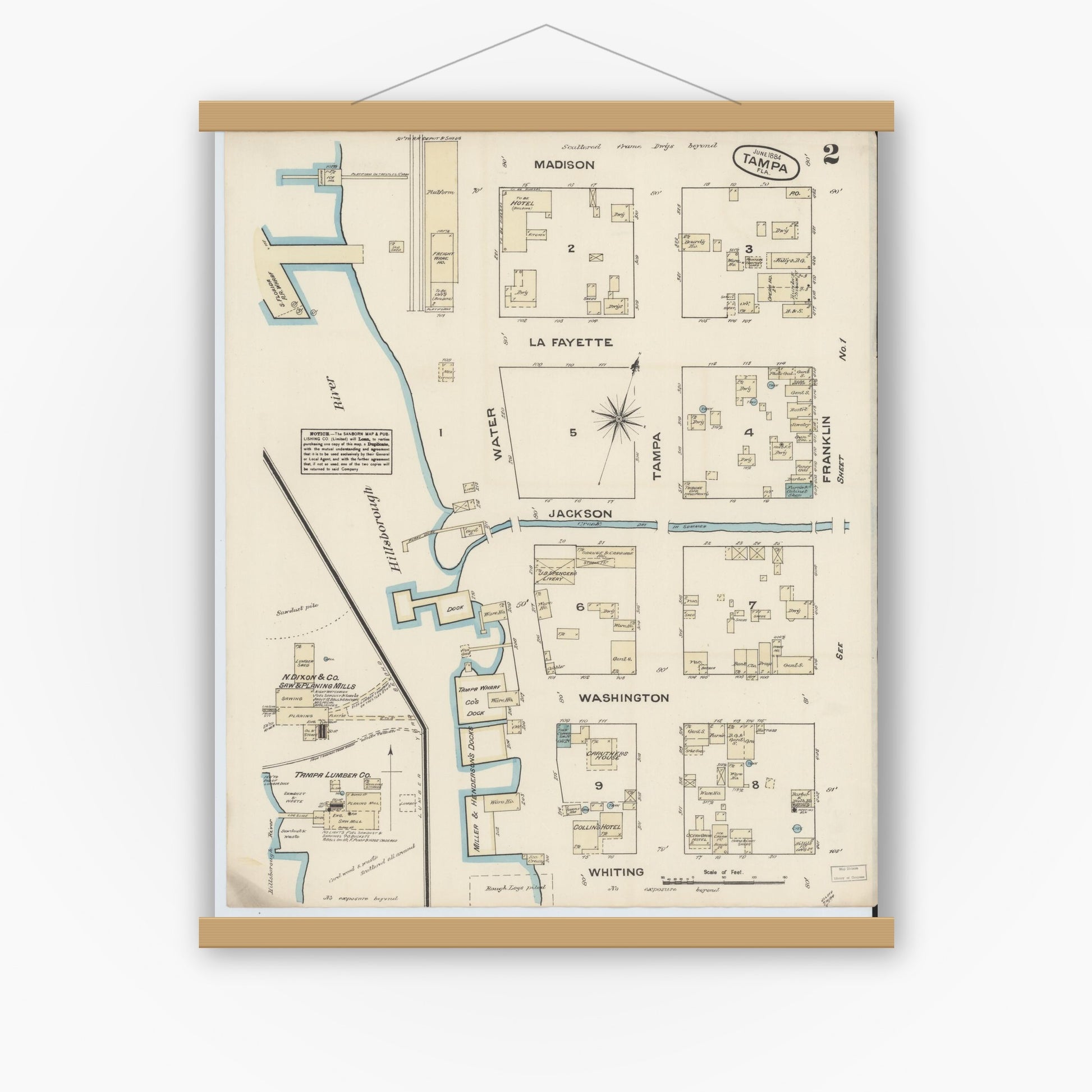 Old map wall art mockup — magnetic wood frame on white wall — Sanborn Fire Insurance Map from Tampa, Hillsborough County, Florida (1884), Sheet #0002