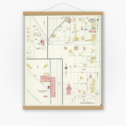 Old map wall art mockup — magnetic wood frame on white wall — Sanborn Fire Insurance Map from Neosho, Newton County, Missouri (1916), Sheet #0006