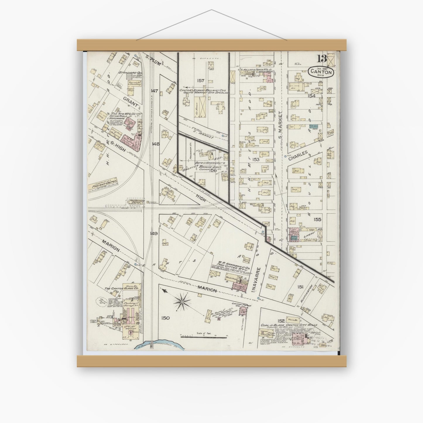 Old map wall art mockup — magnetic wood frame on white wall — Sanborn Fire Insurance Map from Canton, Stark County, Ohio (1887), Sheet #0013