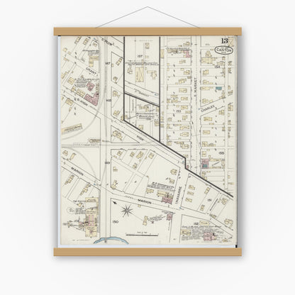 Old map wall art mockup — magnetic wood frame on white wall — Sanborn Fire Insurance Map from Canton, Stark County, Ohio (1887), Sheet #0013