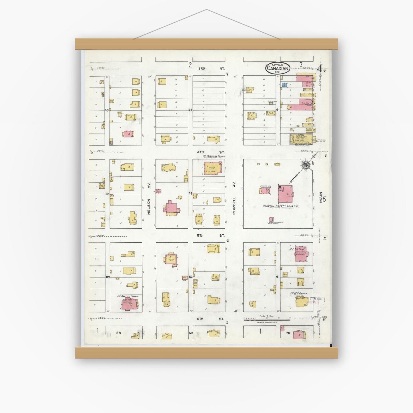 Old map wall art mockup — magnetic wood frame on white wall — Sanborn Fire Insurance Map from Canadian, Hemphill County, Texas (1920), Sheet #0004