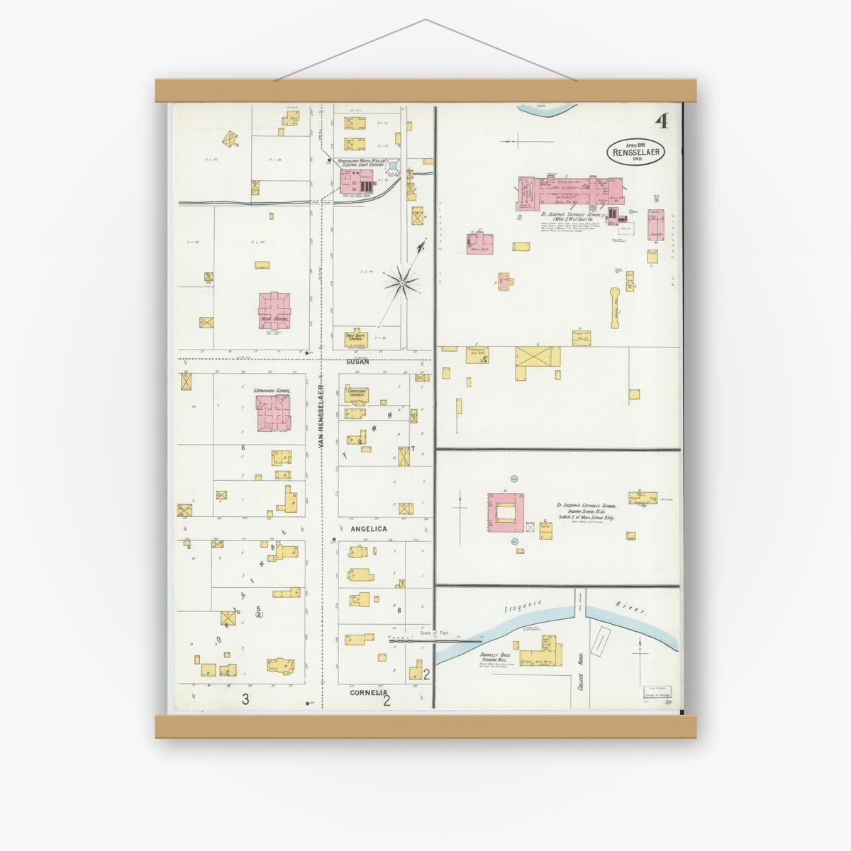 Old map wall art mockup — magnetic wood frame on white wall — Sanborn Fire Insurance Map from Rensselaer, Jasper County, Indiana (1899), Sheet #0004