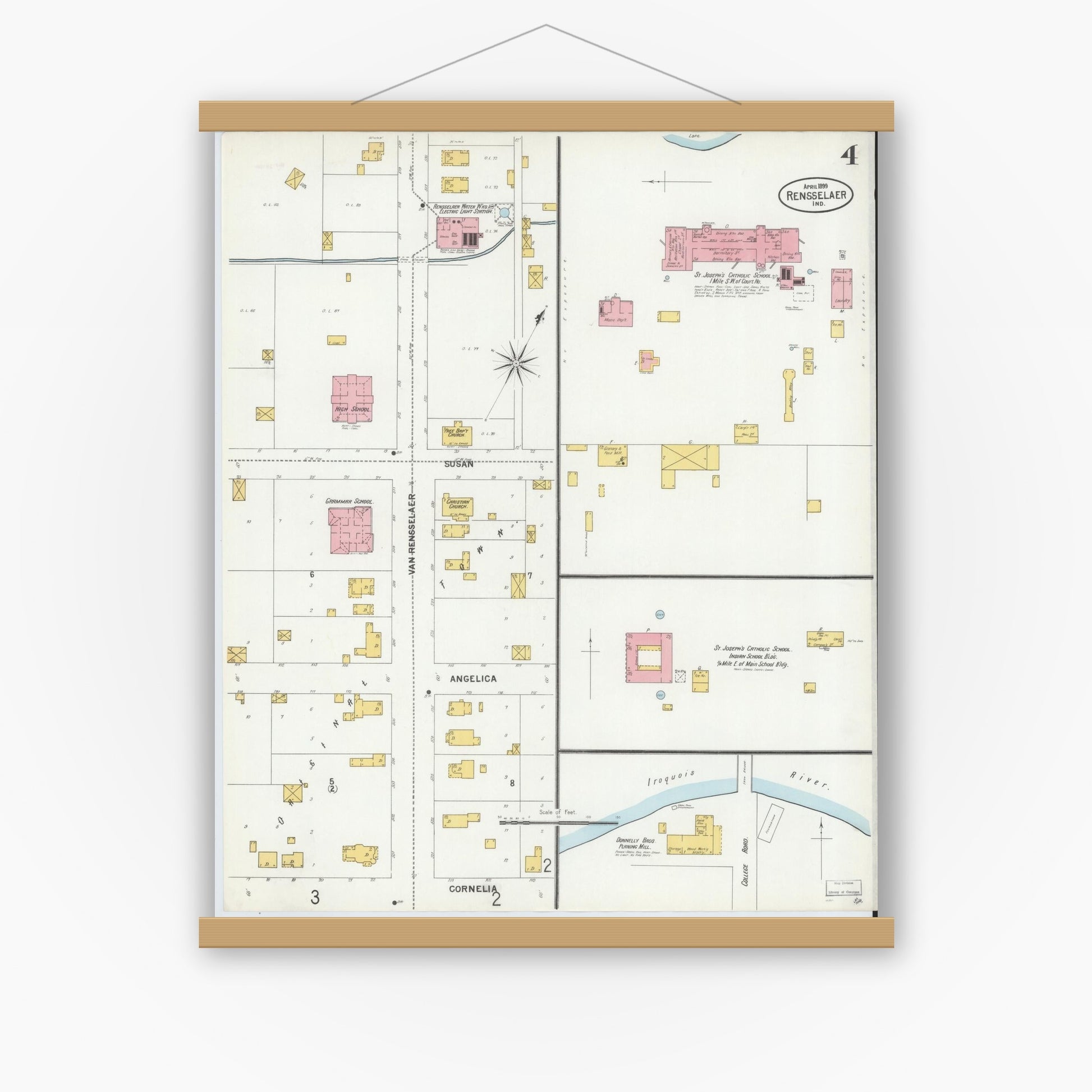 Old map wall art mockup — magnetic wood frame on white wall — Sanborn Fire Insurance Map from Rensselaer, Jasper County, Indiana (1899), Sheet #0004