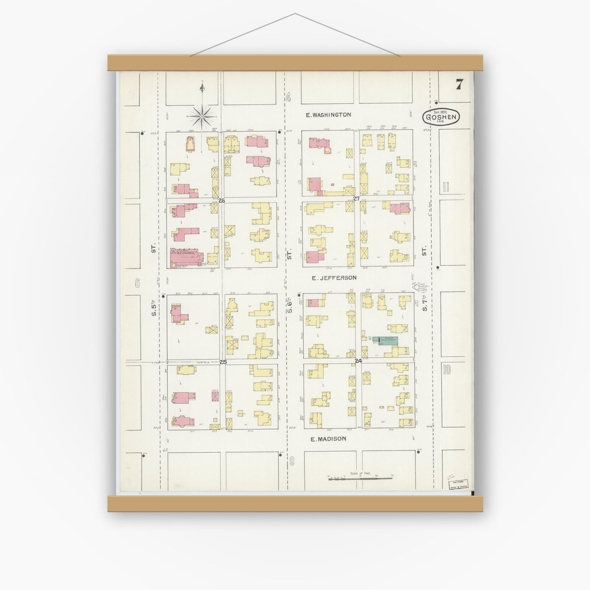 Old map wall art mockup — magnetic wood frame on white wall — Sanborn Fire Insurance Map from Goshen, Elkhart County, Indiana (1892), Sheet #0007