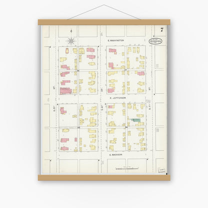 Old map wall art mockup — magnetic wood frame on white wall — Sanborn Fire Insurance Map from Goshen, Elkhart County, Indiana (1892), Sheet #0007