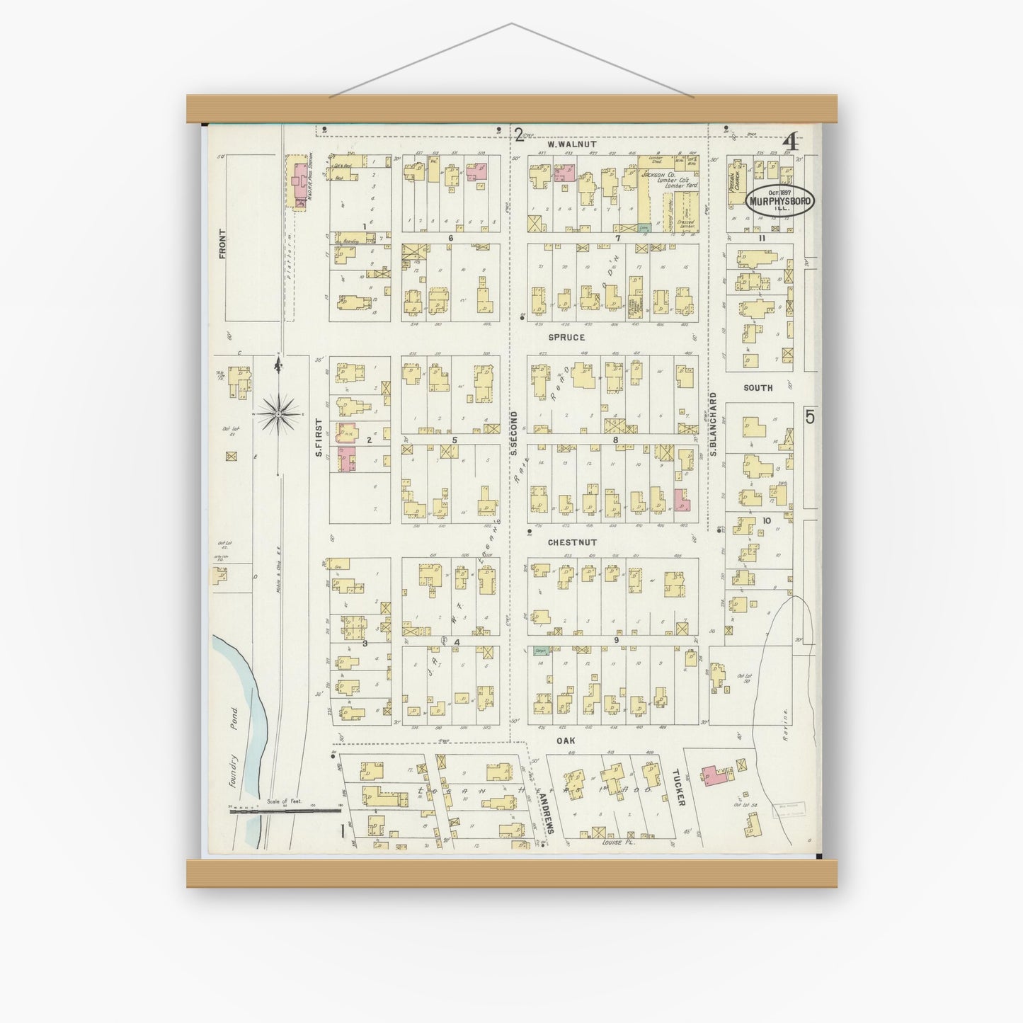 Old map wall art mockup — magnetic wood frame on white wall — Sanborn Fire Insurance Map from Murphysboro, Jackson County, Illinois (1897), Sheet #0004