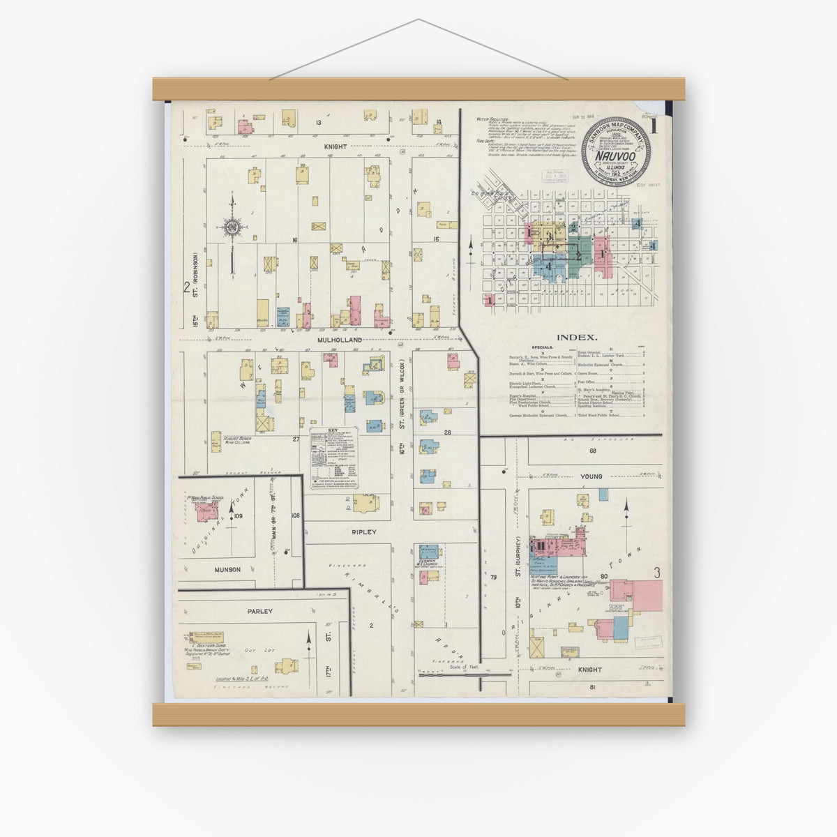 Old map wall art mockup — magnetic wood frame on white wall — Sanborn Fire Insurance Map from Nauvoo, Hancock County, Illinois (1912) - Complete Map Set