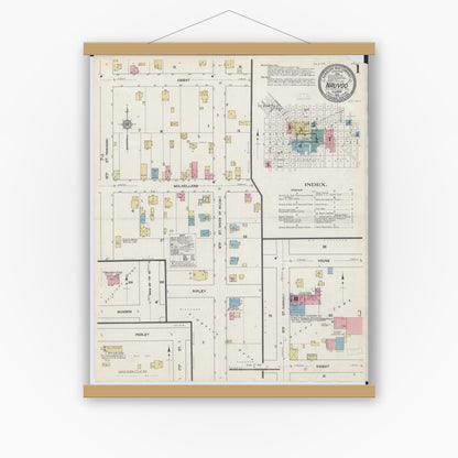 Old map wall art mockup — magnetic wood frame on white wall — Sanborn Fire Insurance Map from Nauvoo, Hancock County, Illinois (1912) - Complete Map Set