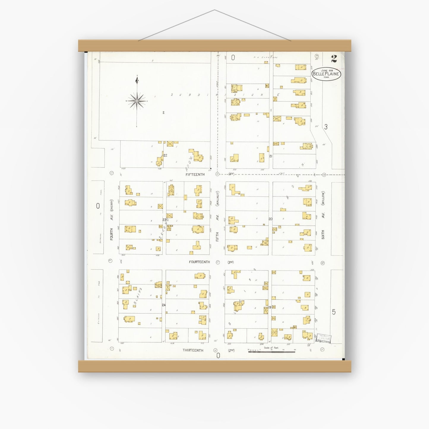 Old map wall art mockup — magnetic wood frame on white wall — Sanborn Fire Insurance Map from Belle Plaine, Benton County, Iowa (1906), Sheet #0002