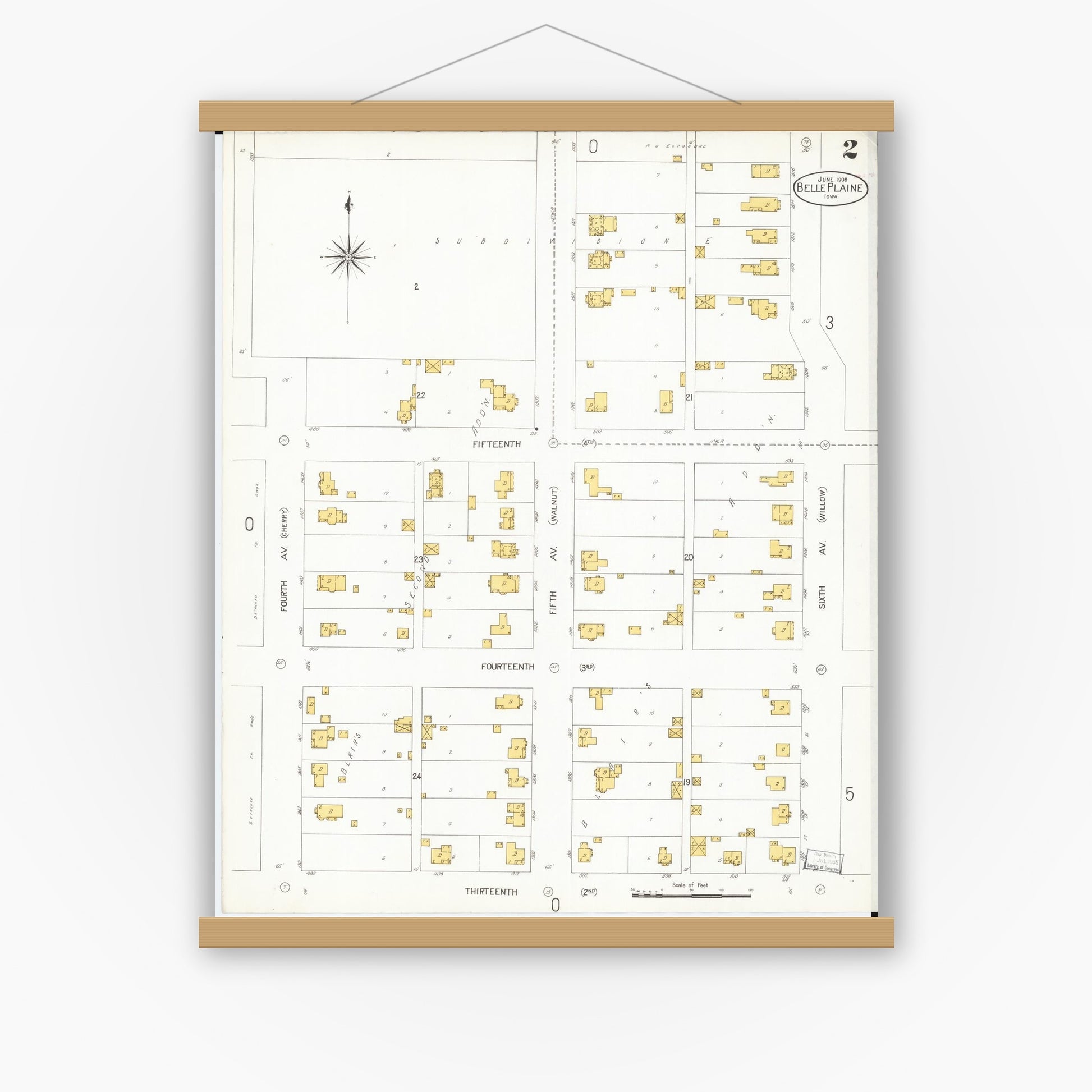 Old map wall art mockup — magnetic wood frame on white wall — Sanborn Fire Insurance Map from Belle Plaine, Benton County, Iowa (1906), Sheet #0002