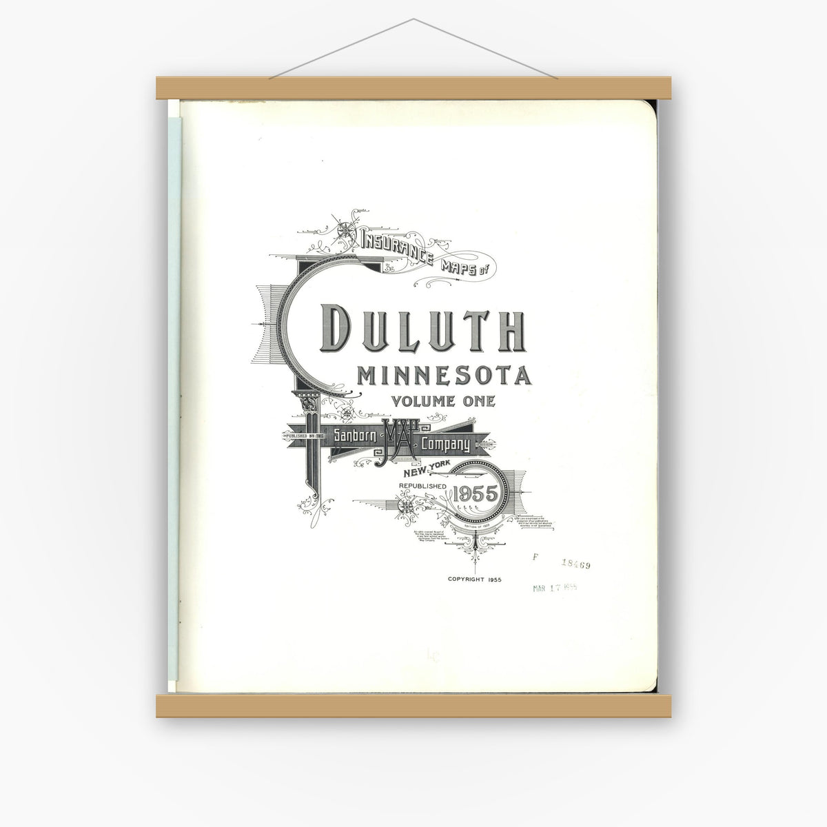 Old map wall art mockup — magnetic wood frame on white wall — Sanborn Fire Insurance Map from Duluth, Saint Louis County, Minnesota (1955), Sheet #0001